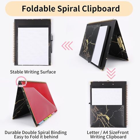 DHQH Clipboards with Storage Clipboards Folio with 10 Pockets and Refillable Lined Notepad for Paper Size 8.5" x 11",Spiral Clipboard Folder Labels with Pen File Folder Labels Loop for School Office in Saudi Arabia