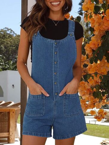 PLNOTME Women's Summer Denim Overall Shorts Button Up Front Sleeveless Jean Overalls Romper with Pockets in Saudi Arabia