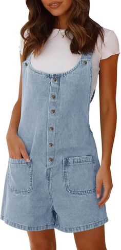 PLNOTME Women's Summer Denim Overall Shorts Button Up Front Sleeveless Jean Overalls Romper with Pockets in Saudi Arabia