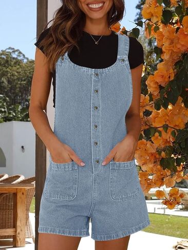PLNOTME Women's Summer Denim Overall Shorts Button Up Front Sleeveless Jean Overalls Romper with Pockets in Saudi Arabia