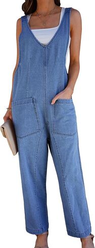luvamia Jean Overalls for Women Sleeveless Denim Jumpsuit Casual Baggy Overall Jumpsuits Loose Fit Jumpers with Pockets in Saudi Arabia