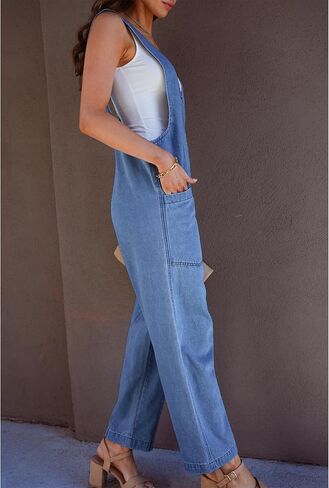 luvamia Jean Overalls for Women Sleeveless Denim Jumpsuit Casual Baggy Overall Jumpsuits Loose Fit Jumpers with Pockets in Saudi Arabia