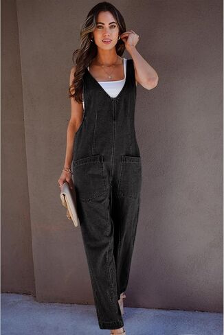 luvamia Jean Overalls for Women Sleeveless Denim Jumpsuit Casual Baggy Overall Jumpsuits Loose Fit Jumpers with Pockets in Saudi Arabia