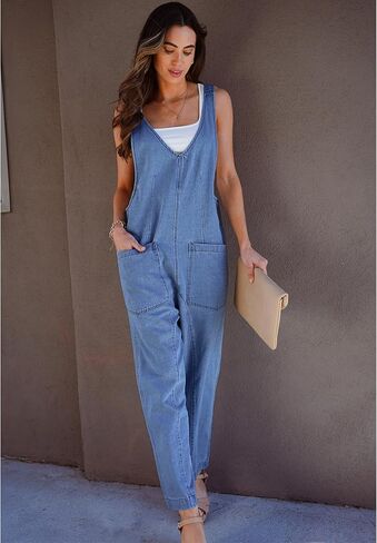 luvamia Jean Overalls for Women Sleeveless Denim Jumpsuit Casual Baggy Overall Jumpsuits Loose Fit Jumpers with Pockets in Saudi Arabia