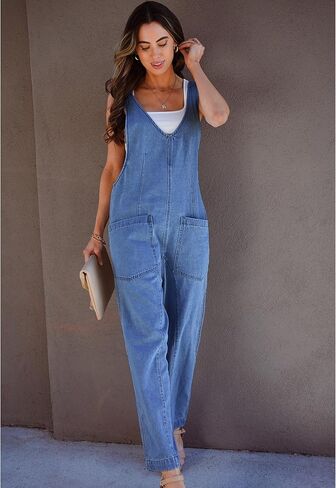 luvamia Jean Overalls for Women Sleeveless Denim Jumpsuit Casual Baggy Overall Jumpsuits Loose Fit Jumpers with Pockets in Saudi Arabia
