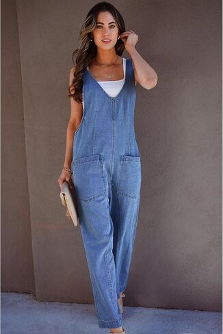 luvamia Jean Overalls for Women Sleeveless Denim Jumpsuit Casual Baggy Overall Jumpsuits Loose Fit Jumpers with Pockets in Saudi Arabia