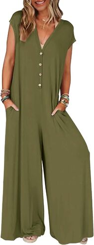 MEROKEETY Women's 2024 Summer Cap Sleeve Jumpsuits Deep V Neck Button Onesie Wide Leg Pants Rompers in Saudi Arabia