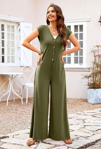 MEROKEETY Women's 2024 Summer Cap Sleeve Jumpsuits Deep V Neck Button Onesie Wide Leg Pants Rompers in Saudi Arabia