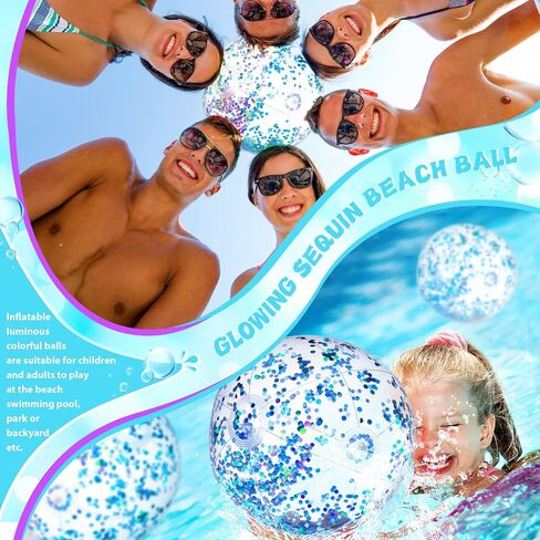 4 Pack LED Beach Ball Jumbo Pool Toys Balls Glow in the Dark Giant Inflatable Ball Confetti Glitters Inflatable Clear Beach Ball Swimming Pool Beach Sand Balls for Summer Beach Pool Party (Lake Blue) in Saudi Arabia