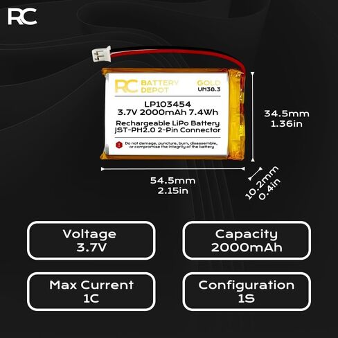3.7V 2000mAh 103450 ليثيوم بوليمبر 103454 1C يبو بطارية قابلة للشحن حزمة قطبية إيجابية JST-PH2.0 2-Pin موصل in Kuwait