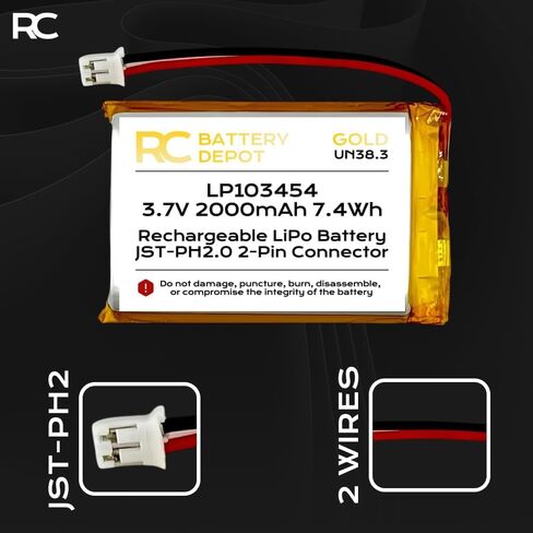 3.7V 2000mAh 103450 ليثيوم بوليمبر 103454 1C يبو بطارية قابلة للشحن حزمة قطبية إيجابية JST-PH2.0 2-Pin موصل in Kuwait