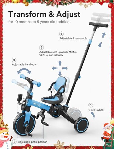 besrey Toddler Bike with Parent Steering Push Handle for 1-3 Years Old Girls and Boys, Foldable Kids Push Tricycle, Toddler Trike with Removable Pedals, Height Adjustable Seat in Kuwait