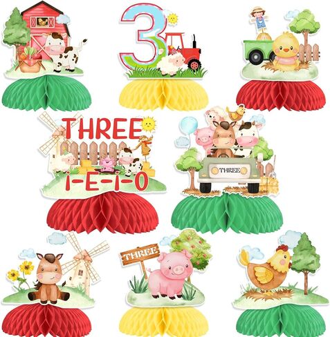 زينة عيد الميلاد الثالث لحيوانات المزرعة، 8 قطع ثلاثة i e i o زينة طاولة حيوانات المزرعة قطع مركزية على شكل قرص العسل أغطية طاولات للأولاد والبنات لوازم حفلات أعياد الميلاد الثالثة in Kuwait