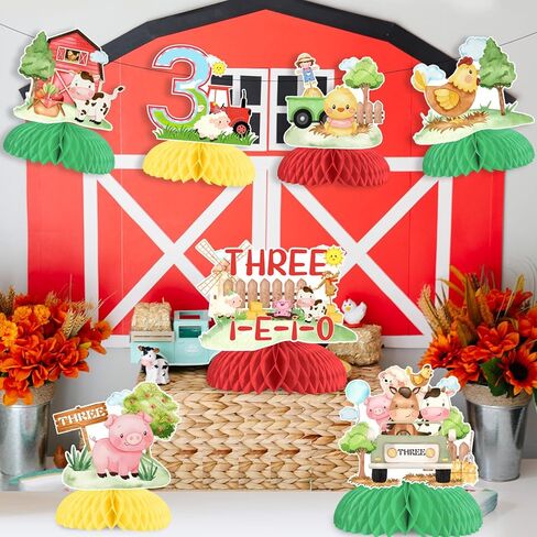 زينة عيد الميلاد الثالث لحيوانات المزرعة، 8 قطع ثلاثة i e i o زينة طاولة حيوانات المزرعة قطع مركزية على شكل قرص العسل أغطية طاولات للأولاد والبنات لوازم حفلات أعياد الميلاد الثالثة in Kuwait
