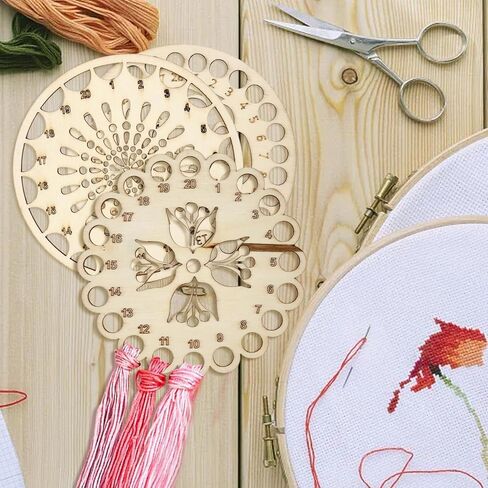3PCS Wooden Embroidery Floss Organizer Cross Stitch Floss Holder Flower Pattern Thread Organizer with Holes for DIY Sewing Crafts Making, 3 Styles in Saudi Arabia