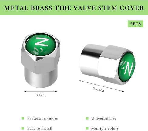 5 PCS Brass Tire Valve Stem Caps, Dustproof Leakproof Metal Valve Stem Covers with N2 Logo, Corrosion Resistant Chrome Plated Tire Caps Nitrogen Sign Decor for Car SUV Truck (Silver & Green) in Saudi Arabia