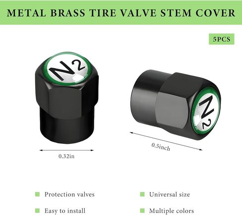 5 PCS Brass Tire Valve Stem Caps, Dustproof Leakproof Metal Valve Stem Covers with N2 Logo, Corrosion Resistant Chrome Plated Tire Caps Nitrogen Sign Decor for Car SUV Truck (Silver & Green) in Saudi Arabia