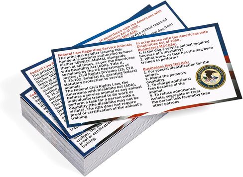 50pcs Service Dog Law Cards, ADA Service Animal Id Badge Gear Stuff Information Cards Tag Registration Certificate Print on Both Sides States Handler's Legal Rights to Uninformed Business Personnel in Saudi Arabia