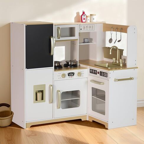 Corner Play Kitchen, Wooden Toddler Kitchen Playset with Ice Make, Telephone, Oven, Microwave, Faucet, Sink, Stove, Pink Toy Kitchen Ages 3+ (White Corner) in Saudi Arabia