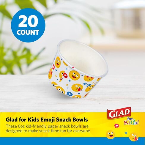 أوعية الوجبات الخفيفة الصغيرة الورقية المطبوعة من Glad for Kids، الأغطية غير متضمنة - أكواب الوجبات الخفيفة للاستعمال مرة واحدة مع رموز تعبيرية للأطفال شديدة التحمل، 6 أونصة، 20 قيراط in Kuwait
