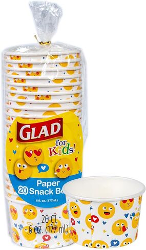 أوعية الوجبات الخفيفة الصغيرة الورقية المطبوعة من Glad for Kids، الأغطية غير متضمنة - أكواب الوجبات الخفيفة للاستعمال مرة واحدة مع رموز تعبيرية للأطفال شديدة التحمل، 6 أونصة، 20 قيراط in Kuwait