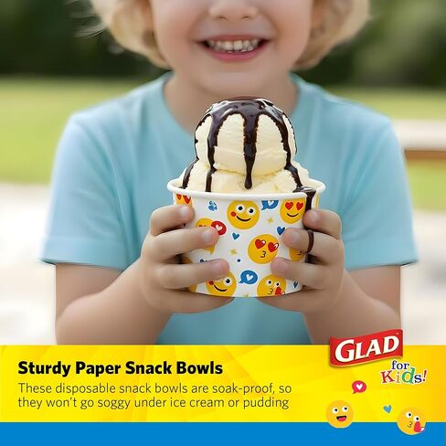 أوعية الوجبات الخفيفة الصغيرة الورقية المطبوعة من Glad for Kids، الأغطية غير متضمنة - أكواب الوجبات الخفيفة للاستعمال مرة واحدة مع رموز تعبيرية للأطفال شديدة التحمل، 6 أونصة، 20 قيراط in Kuwait
