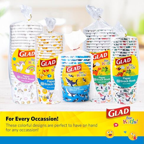 أوعية الوجبات الخفيفة الصغيرة الورقية المطبوعة من Glad for Kids، الأغطية غير متضمنة - أكواب الوجبات الخفيفة للاستعمال مرة واحدة مع رموز تعبيرية للأطفال شديدة التحمل، 6 أونصة، 20 قيراط in Kuwait