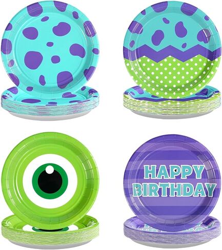 Grencian 60Pcs Monster Birthday Paper Plates 7" Disposable Green and Purple Cartoon Dessert Paper Plates Monster Themed Party Platter for Kids Birthday Baby Shower Party Decorations in Saudi Arabia