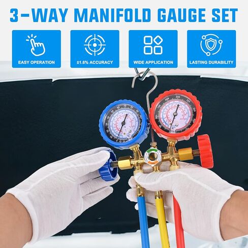 Nilight A/C Manifold Gauge Set Fits for R134a R12 R22 R502 3-Way Auto HVAC Diagnostic Gauges Refrigerant Recharge kit with Quick Couplers 5FT Hoses Universal Can Tap in Saudi Arabia