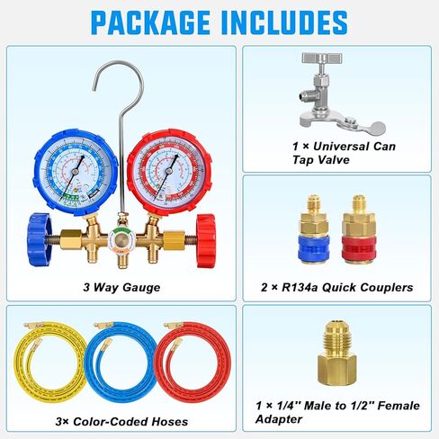 Nilight A/C Manifold Gauge Set Fits for R134a R12 R22 R502 3-Way Auto HVAC Diagnostic Gauges Refrigerant Recharge kit with Quick Couplers 5FT Hoses Universal Can Tap in Saudi Arabia