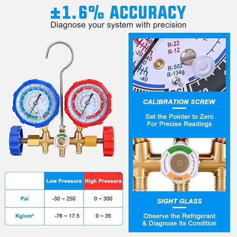 Nilight A/C Manifold Gauge Set Fits for R134a R12 R22 R502 3-Way Auto HVAC Diagnostic Gauges Refrigerant Recharge kit with Quick Couplers 5FT Hoses Universal Can Tap in Saudi Arabia