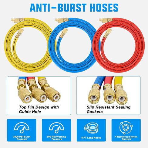 Nilight A/C Manifold Gauge Set Fits for R134a R12 R22 R502 3-Way Auto HVAC Diagnostic Gauges Refrigerant Recharge kit with Quick Couplers 5FT Hoses Universal Can Tap in Saudi Arabia