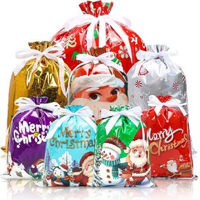 HYSDBAGS 34 قطعة من أكياس هدايا عيد الميلاد بأحجام متنوعة، وحقائب هدايا برباط للهدايا، وحقائب تغليف هدايا عيد الميلاد السائبة لمستلزمات الحفلات (8 أنماط و3 أحجام) in Kuwait