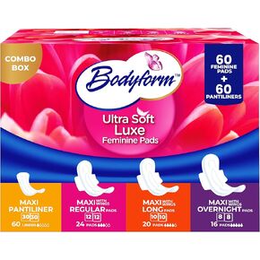 Luxe Feminine Pads & Pantyliners Value Combo Box/Variety Box -120 Pads & Pantiliner (60 Ultra-Soft Pads + 60 Gentle Pantyliners) Cushion Soft Always Comfortable and Ultra-Absorbent in Saudi Arabia