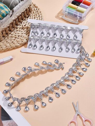 1.5M Polyester Tassel Lace Ribbon, Sparkle Paillette Trim with Plastic Rhinestone Fringe Trimming Silver Fabric for Decoration Package DIY Sewing Craft Supply, 1-7/8 inch(48.5mm) in Saudi Arabia