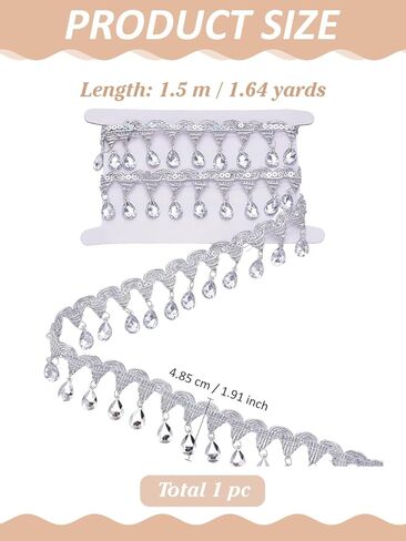 1.5M Polyester Tassel Lace Ribbon, Sparkle Paillette Trim with Plastic Rhinestone Fringe Trimming Silver Fabric for Decoration Package DIY Sewing Craft Supply, 1-7/8 inch(48.5mm) in Saudi Arabia