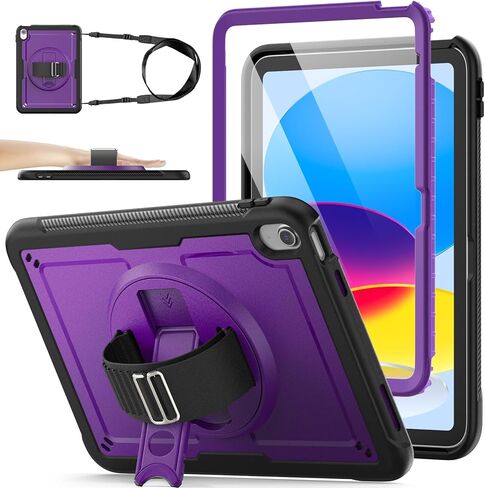 SEYMAC stock Case for iPad 10th Generation Case 10.9 inch, Full-Body Drop Protection Frosting-Anti-Slip Case with Screen Protector Pen holder, Rotate Kickstand Case for kids with Shoulder Strap, Black in Saudi Arabia