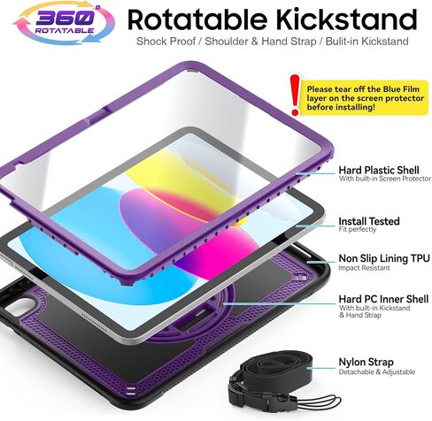 SEYMAC stock Case for iPad 10th Generation Case 10.9 inch, Full-Body Drop Protection Frosting-Anti-Slip Case with Screen Protector Pen holder, Rotate Kickstand Case for kids with Shoulder Strap, Black in Saudi Arabia