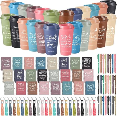 Skylety 24 Set/ 96 Pcs Christian Gifts Bulk Church Bible Religious Gift Set 16 oz Coffee Cups with Christian Notebook Pen Keychains for Women Staff Team Friends (Morandi Color) in Saudi Arabia