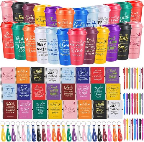 Skylety 24 Set/ 96 Pcs Christian Gifts Bulk Church Bible Religious Gift Set 16 oz Coffee Cups with Christian Notebook Pen Keychains for Women Staff Team Friends (Morandi Color) in Saudi Arabia
