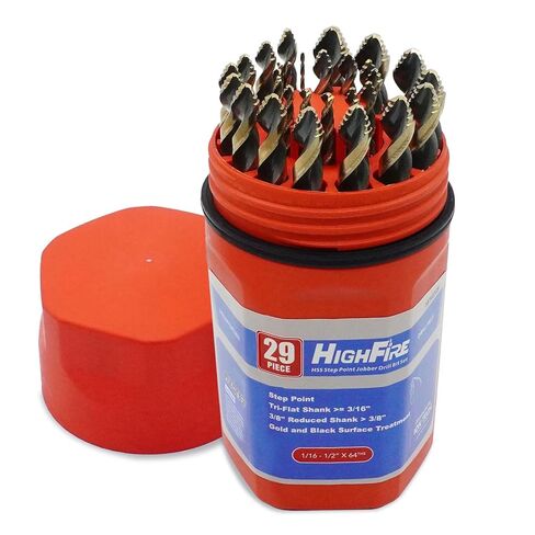 HIGHFIRE 29 Piece HSS Stepped Point Drill Bit Set 1/16"-1/2", Gold and Black 3-Flat Shank for Metal, Steel & Acrylic - No Pilot Hole Needed - Industrial, MRO & DIY Use in Saudi Arabia