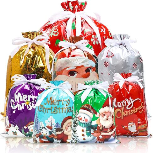HYSDBAGS 34 قطعة من أكياس هدايا عيد الميلاد بأحجام متنوعة، وحقائب هدايا برباط للهدايا، وحقائب تغليف هدايا عيد الميلاد السائبة لمستلزمات الحفلات (8 أنماط و3 أحجام) in Kuwait