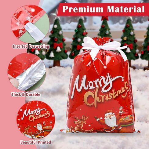 HYSDBAGS 34 قطعة من أكياس هدايا عيد الميلاد بأحجام متنوعة، وحقائب هدايا برباط للهدايا، وحقائب تغليف هدايا عيد الميلاد السائبة لمستلزمات الحفلات (8 أنماط و3 أحجام) in Kuwait