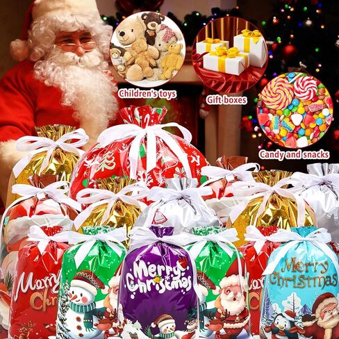HYSDBAGS 34 قطعة من أكياس هدايا عيد الميلاد بأحجام متنوعة، وحقائب هدايا برباط للهدايا، وحقائب تغليف هدايا عيد الميلاد السائبة لمستلزمات الحفلات (8 أنماط و3 أحجام) in Kuwait