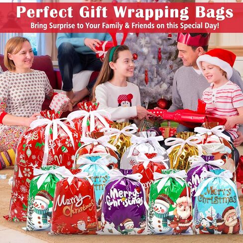 HYSDBAGS 34 قطعة من أكياس هدايا عيد الميلاد بأحجام متنوعة، وحقائب هدايا برباط للهدايا، وحقائب تغليف هدايا عيد الميلاد السائبة لمستلزمات الحفلات (8 أنماط و3 أحجام) in Kuwait