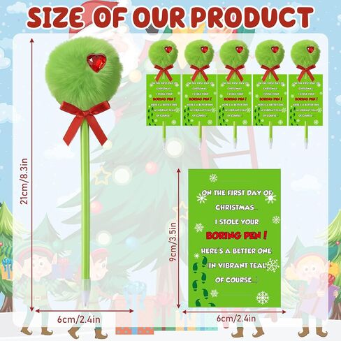 Ctosree Christmas Green Plush Fuzzy Pompom Ballpoint Pens with 6x9cm Pen Insert Cards - Festive Red Gift Bow & 3D Heart Design, Holiday Party Favors Gift Pens for Christmas Classroom Gifts in Saudi Arabia