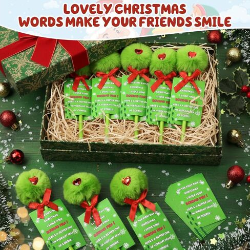Ctosree Christmas Green Plush Fuzzy Pompom Ballpoint Pens with 6x9cm Pen Insert Cards - Festive Red Gift Bow & 3D Heart Design, Holiday Party Favors Gift Pens for Christmas Classroom Gifts in Saudi Arabia