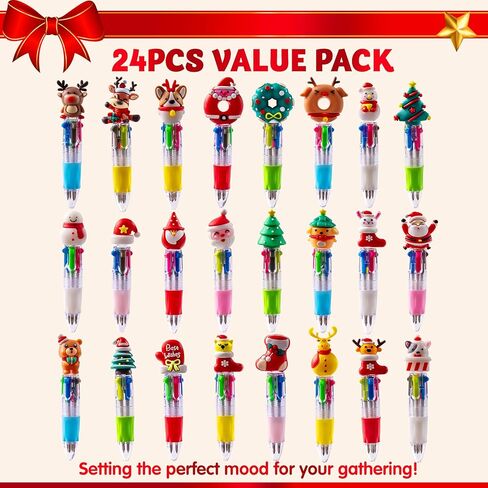 JOYIN 24 PCS Christmas Multicolor Pens Bulk For Kids, 4 Colors in 1 Ballpoint Pen for Xmas Party Favors, Christmas Stocking Stuffers For Students Teacher Classroom Prize Gifts, Goodie Bag Fillers in Saudi Arabia