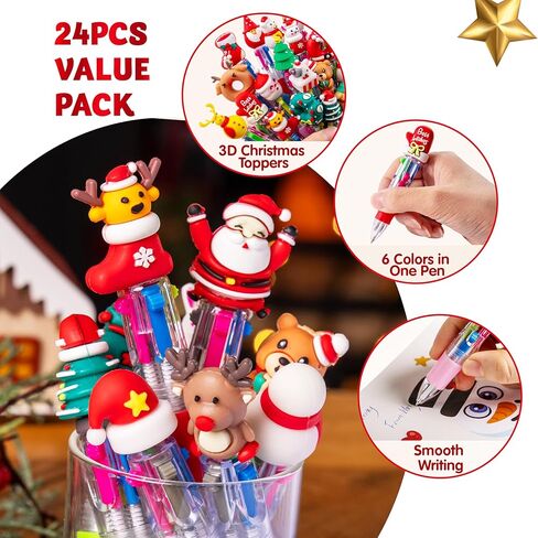 JOYIN 24 PCS Christmas Multicolor Pens Bulk For Kids, 4 Colors in 1 Ballpoint Pen for Xmas Party Favors, Christmas Stocking Stuffers For Students Teacher Classroom Prize Gifts, Goodie Bag Fillers in Saudi Arabia
