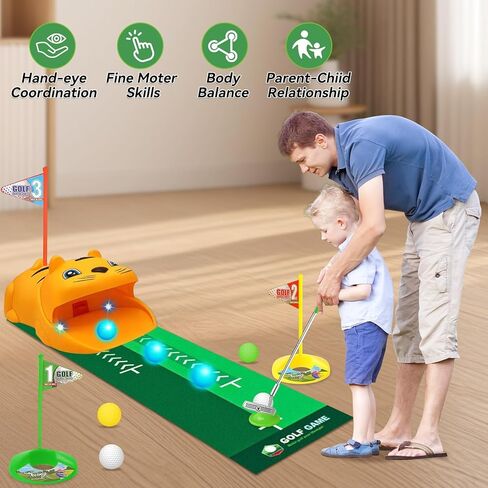 Upgraded Kids Toy Golf Set with Tiger Automatic Returner, Led Light Up Night Golf Balls, 3 Clubs, Putting Mat, 3-8 Toddler Mini Golf Games, Indoor Outdoor Sports Toys for Kids in Saudi Arabia